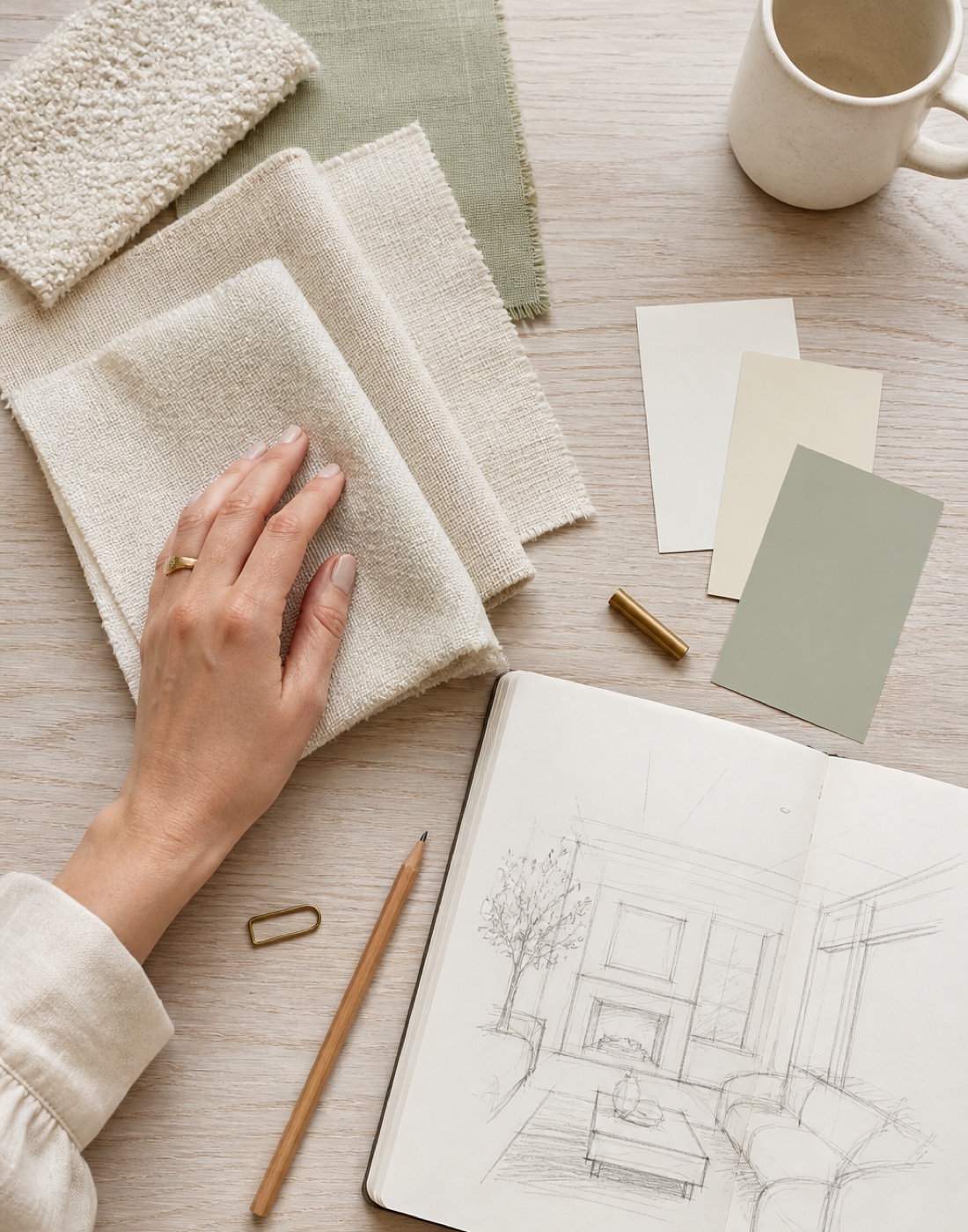 Fabric swatches, paint chips, and a sketched notebook spread across a work table.