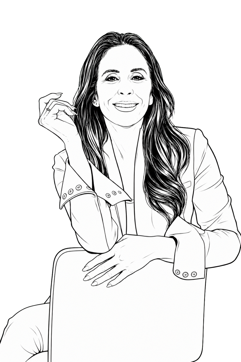 Ink line drawing of Lissa seated with a warm smile.