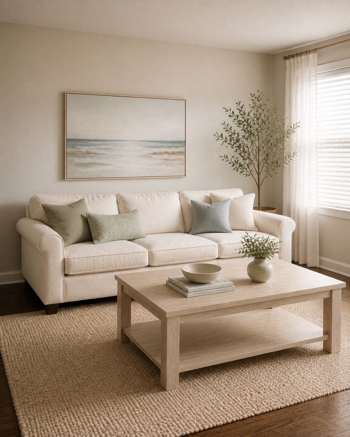 The same room resolved with a considered color story, layered lighting, art, a rug, and styling.