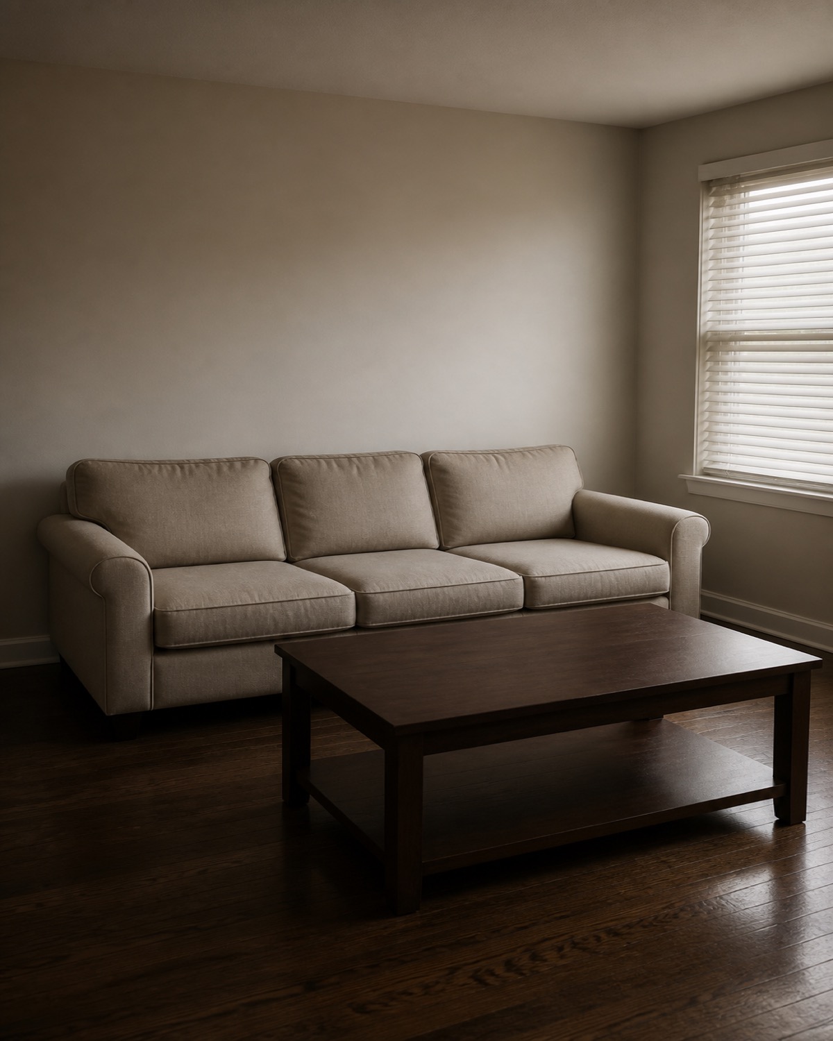 A living room in plain, undecided condition — a bare sofa and coffee table with no styling.