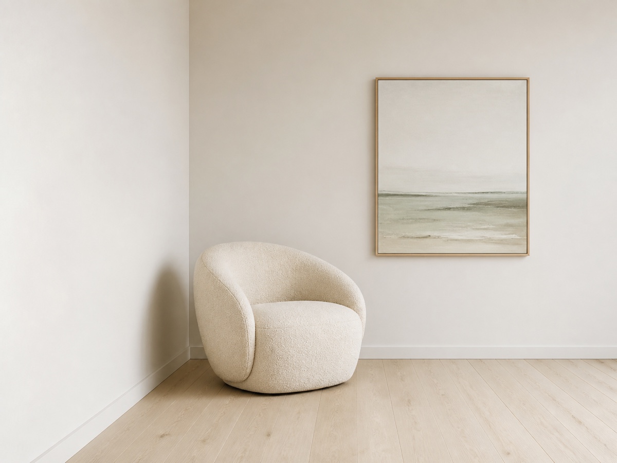 A single styled chair and artwork in an otherwise quiet room corner.