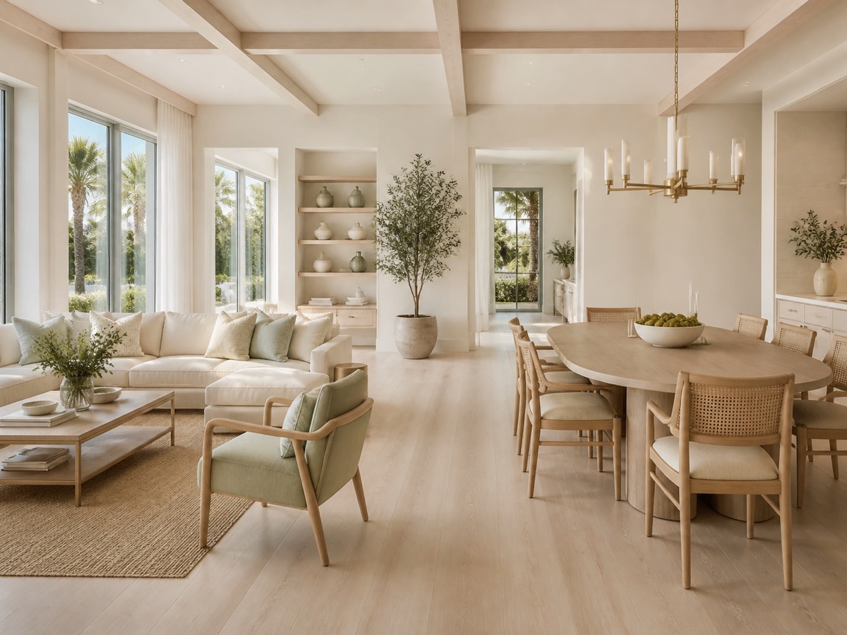 A wide, open-plan living and dining space carrying one material story across both zones.