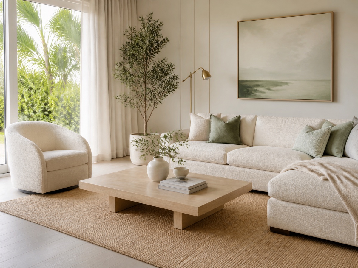 A fully furnished living room with a cohesive color and material story.