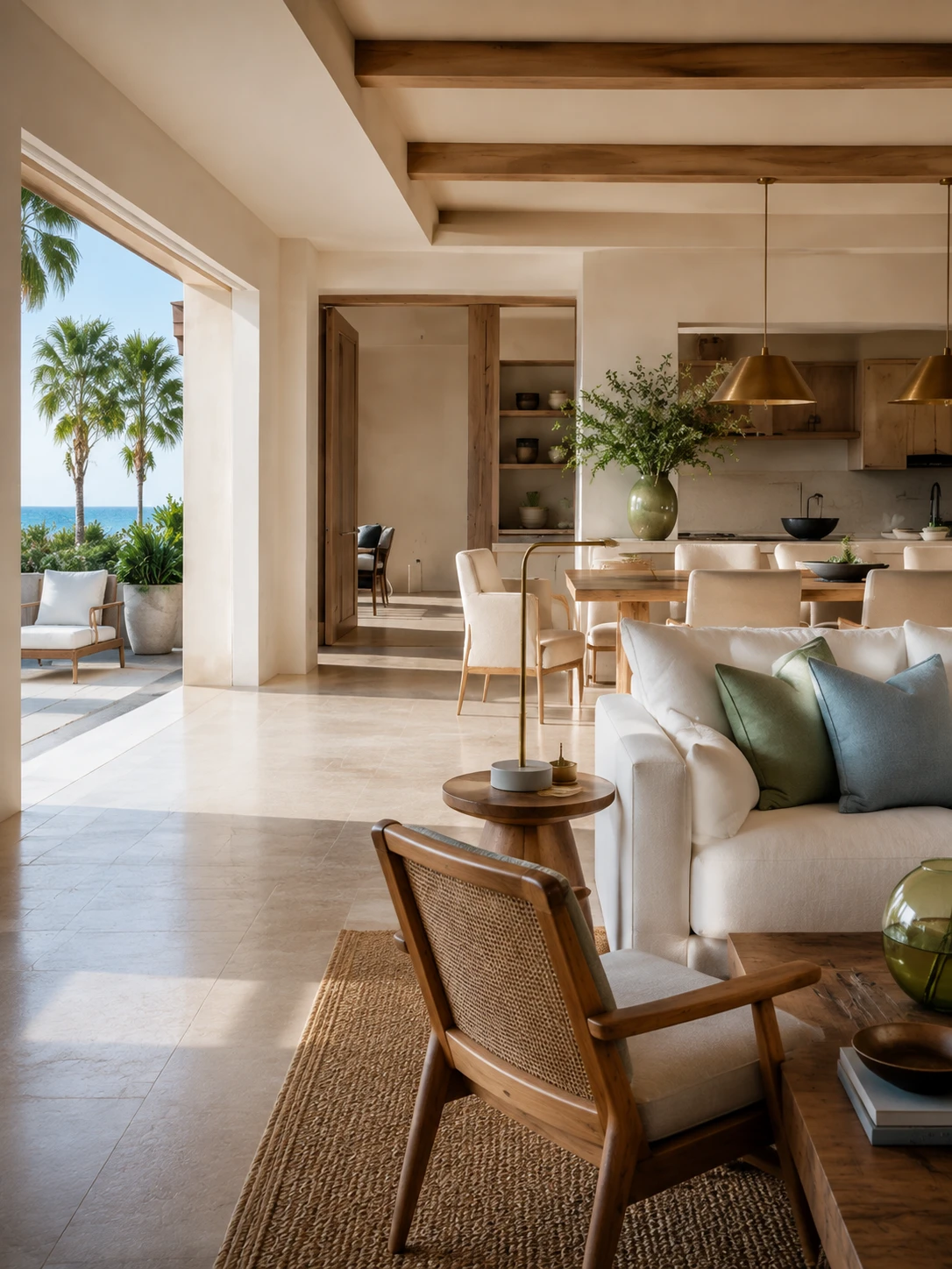 A furnished coastal home with a connected living and dining space; a turnkey design concept.